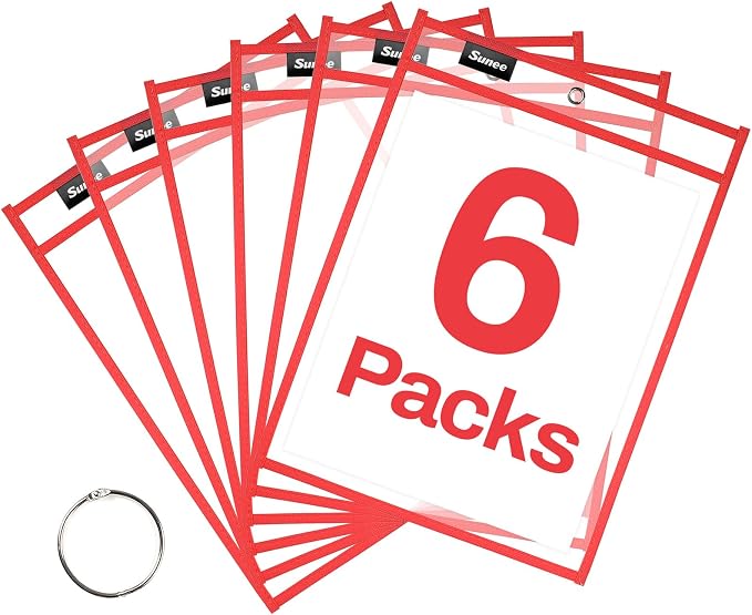 SUNEE 6 Packs Oversized Reusable Dry Erase Pocket Sleeves by SUNEE