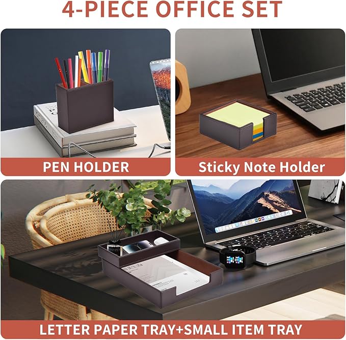 4 Pack Leather Office Supplies/Desk Organizer for Letter Paper Tray,Sticky Note Holder,Pen Cup,Stackable Small Letter Mail Sorter Tray,Workspace Decor for Women Men (Brown, 4-piece set)-DeskLoop Office