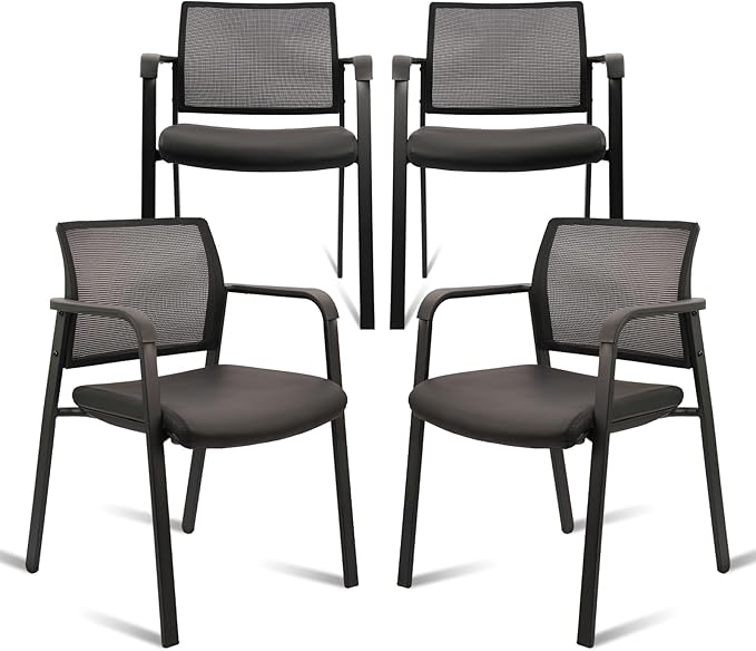 CLATINA Stackable Office Chair, Mesh Back Guest Chairs with Comfortable Leather Seat Arms Stacking Ergonomic Desk Chair No Wheels for Conference Waiting Reception School Stationary, Black, Set of 4-DeskLoop Office