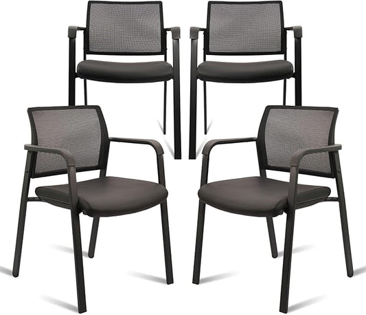 CLATINA Stackable Office Chair, Mesh Back Guest Chairs with Comfortable Leather Seat Arms Stacking Ergonomic Desk Chair No Wheels for Conference Waiting Reception School Stationary, Black, Set of 4-DeskLoop Office