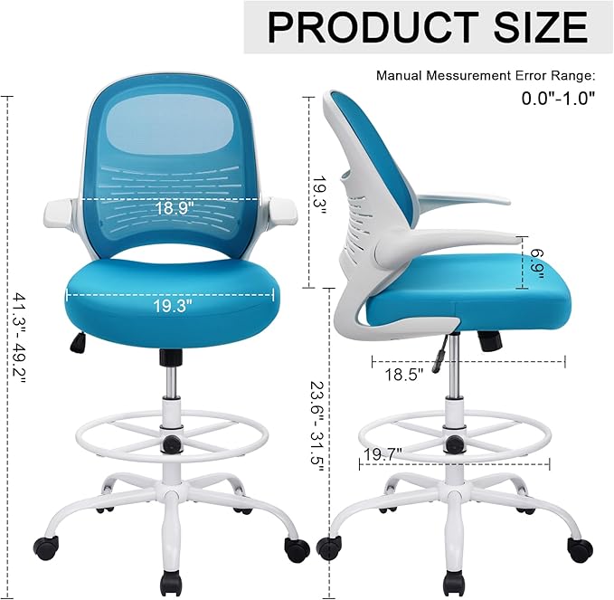 HYLONE Tall Drafting Chair Standing Desk Chair with Flip-Up Armrests, Adjustable Height Ergonomic Office Chair with Footrest Ring - High Stool Chair for Standing Desk (Blue)-DeskLoop Office