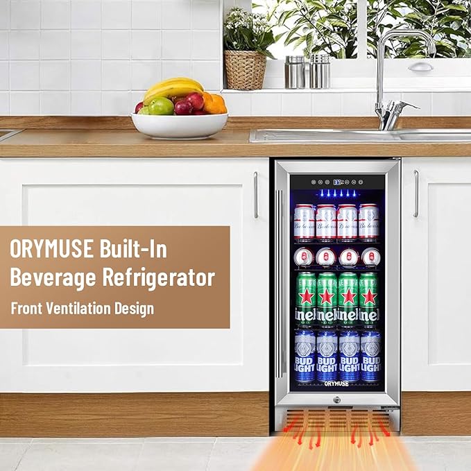 15 Inch Beverage Refrigerator, 130 Can Capacity Under Counter Fridge with Lock & Glass Door, Quiet Built-in or Freestanding Beer Cooler, Powerful Compressor for Fast Cooling-DeskLoop Office