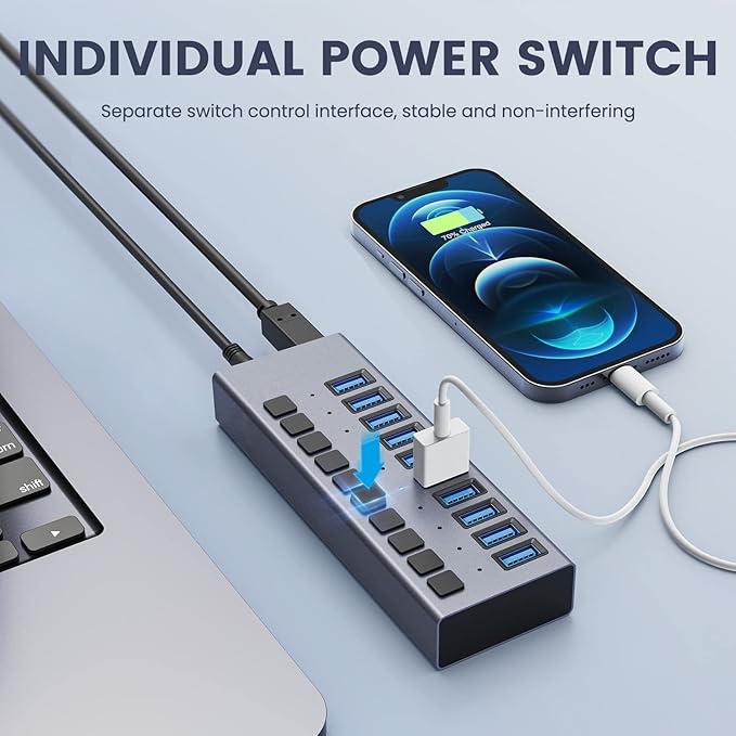 48W Powered USB Hub - ACASIS 10 Ports USB 3.0 Data Hub, Individual On/Off Switches, 12V/4A Power Adapter, Aluminum Housing, USB Splitter for PC, Computer, Mobile HDD, Flash Drive-DeskLoop Office