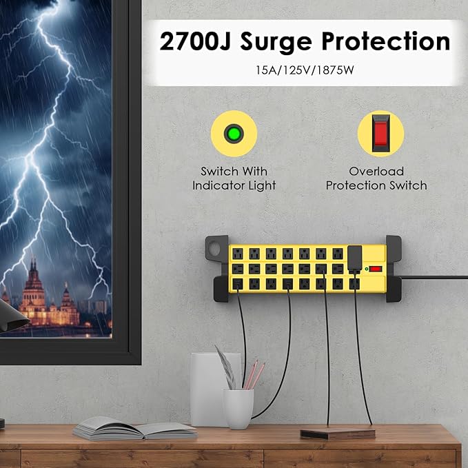HHSOET Heavy Duty Power Strip with Surge Protection, Industrial Commercial Metal 24 Outlets Wall Mount for Garage Shop, 15 Amp, Switch, 6FT Extension Cord, Yellow.-DeskLoop Office