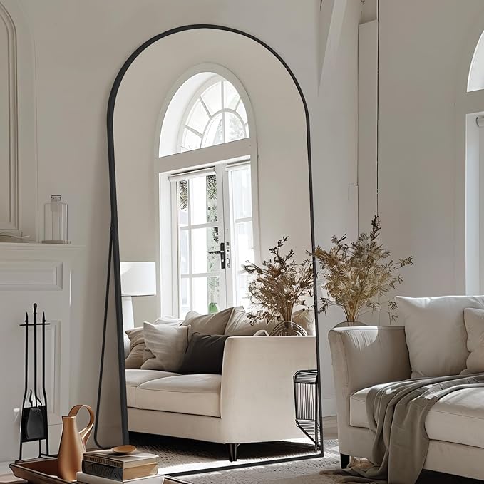 Large Arched Floor Mirror Full Length with Stand, 71''x32'' Black Standing Full Length Mirror for Bedroom Living Room Gym, Aluminum Alloy Frame-DeskLoop Office