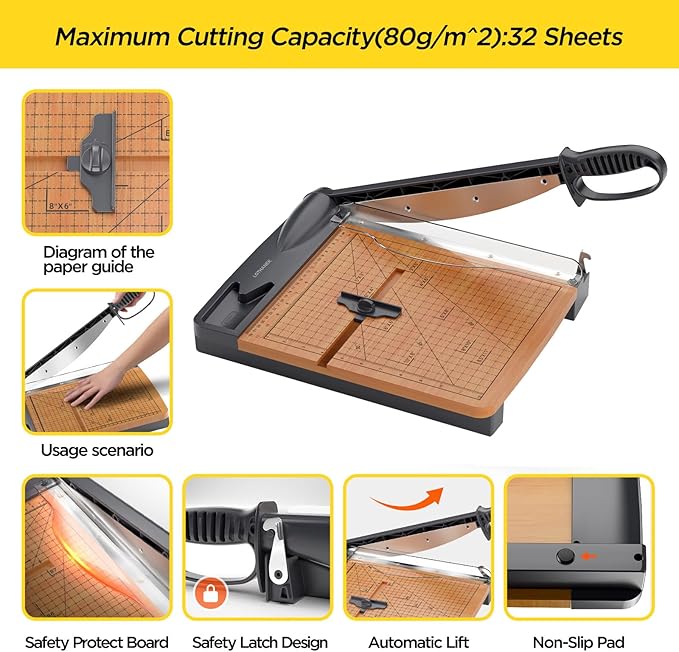 12'' Wood Guillotine Paper Cutter, Heavy Duty Wood Base Paper Trimmer with 32 Sheets Capacity Paper Cutting Board for Classroom, Crafting, Cardstock, Art Projects-DeskLoop Office