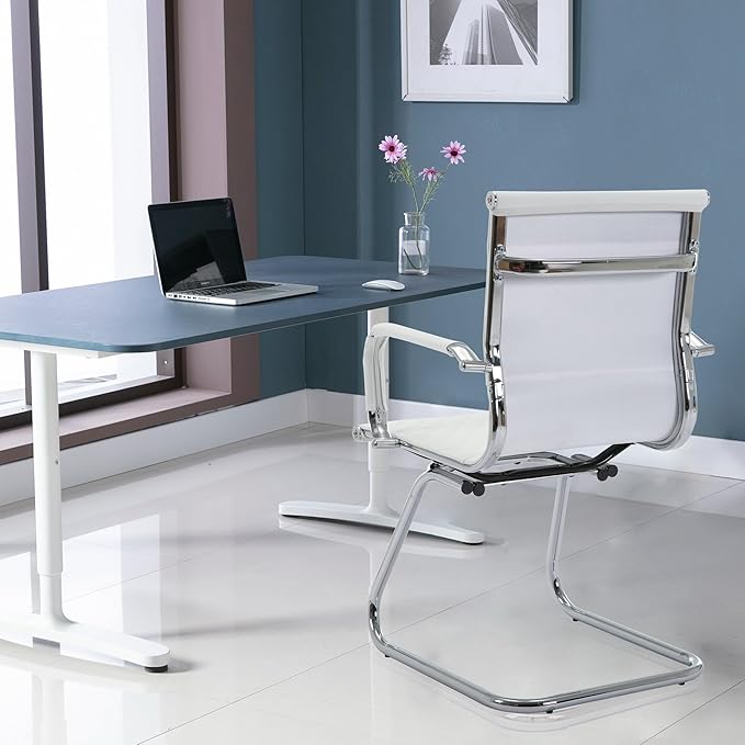 Office Guest Chairs - Set of 6 Modern PU Leather Desk Chairs for Reception, Waiting, and Conference Rooms - Mid Back, White-DeskLoop Office