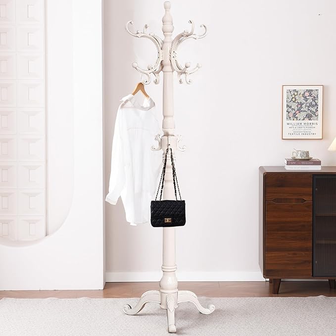 Wooden Coat Racks, Retro 78" Coat Tree with 12 Hooks & Stable Triangular Base, Entryway Coat Rack Freestanding for Hat, Clothes, Scarves, Handbags, Umbrella (Ivory)-DeskLoop Office