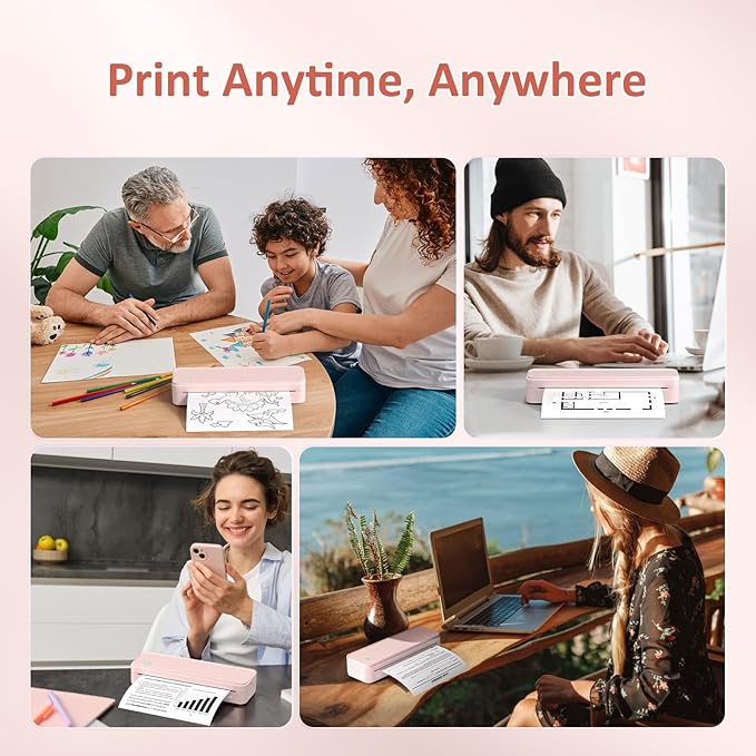 Inkless Portable Printer for Travel, Wireless Thermal Printer Supports 8.5 x 11 Inch US Letter Size, Bluetooth Machine Includes Carry Case and 3 Rolls of Thermal Paper Kit, Pink-DeskLoop Office