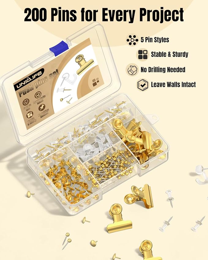 Uniclife 200 Pcs Gold Push Pins, 5 Style Push Pins - Image 6