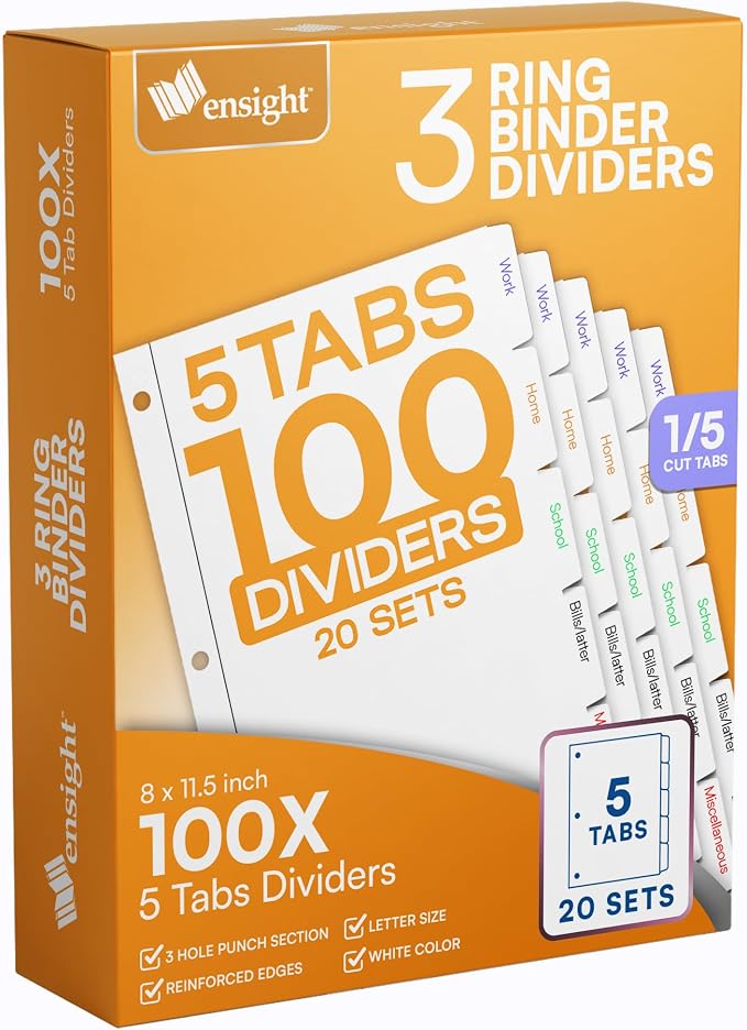 Ensight 3 Ring Page Dividers Bulk, 1/5 Cut Tab Dividers, 100 Per Box by ensight