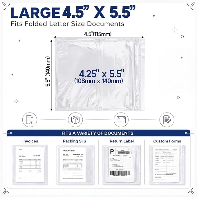 Glenmal 250 pcs 4.5" x 5.5" Resealable Packing List Envelopes Clear - Image 2