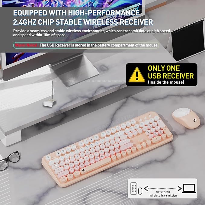 Wireless Keyboard and Mouse Combo, 2.4 GHz Full-Sized Wireless Keyboard Mouse with Round Keycaps for Windows, Computer, Desktop, PC, Laptop (GradientPink)-DeskLoop Office