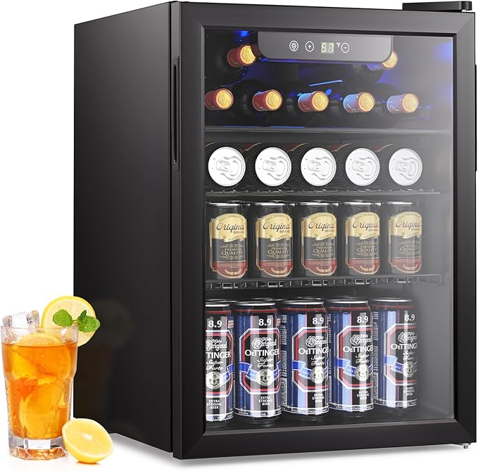 2.6 Cu.ft Beverage Refrigerator Cooler, 95 Can Mini Fridge Glass Door with Adjustable Shelves, Digital Temperature Display, Freestanding Small Drink Fridge for Home, Office or Bar(Black)-DeskLoop Office