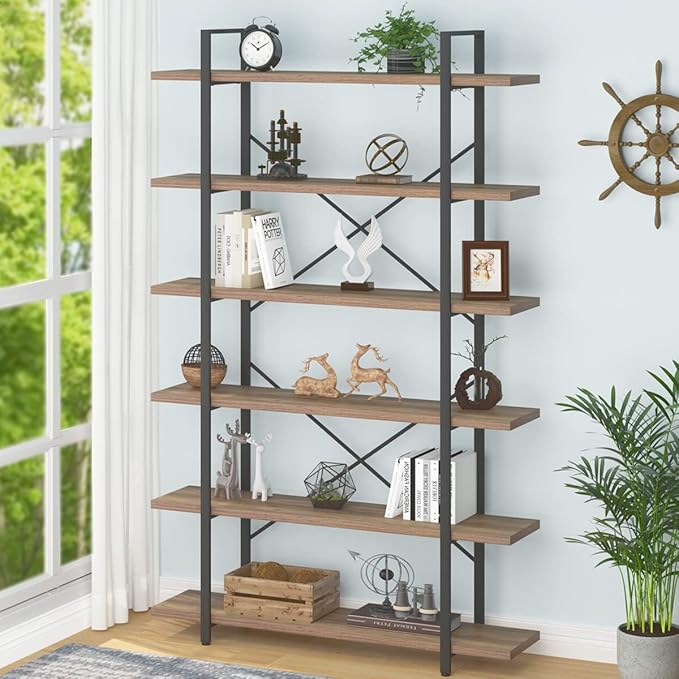 HSH Tall Bookcases and Book Shelves 6 Shelf, Metal Wooden Book Shelf and Storage Rack, Modern Etagere 6 Tier Bookshelf, Farmhouse Large Display Bookshelves for Bedroom Living Room Office, Rustic Oak-DeskLoop Office