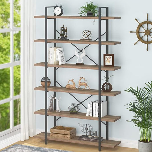 HSH Tall Bookcases and Book Shelves 6 Shelf, Metal Wooden Book Shelf and Storage Rack, Modern Etagere 6 Tier Bookshelf, Farmhouse Large Display Bookshelves for Bedroom Living Room Office, Rustic Oak-DeskLoop Office