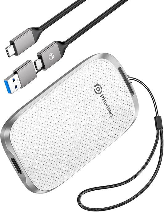 PHIXERO P5 1TB External Portable SSD - 5Gbps External Hard Drive with 2-in-1 USB C to C & USB C to A Cable for PC, Mac, PS5, Xbox | Anti-Shock, Compact Design with Lanyard Hole,White