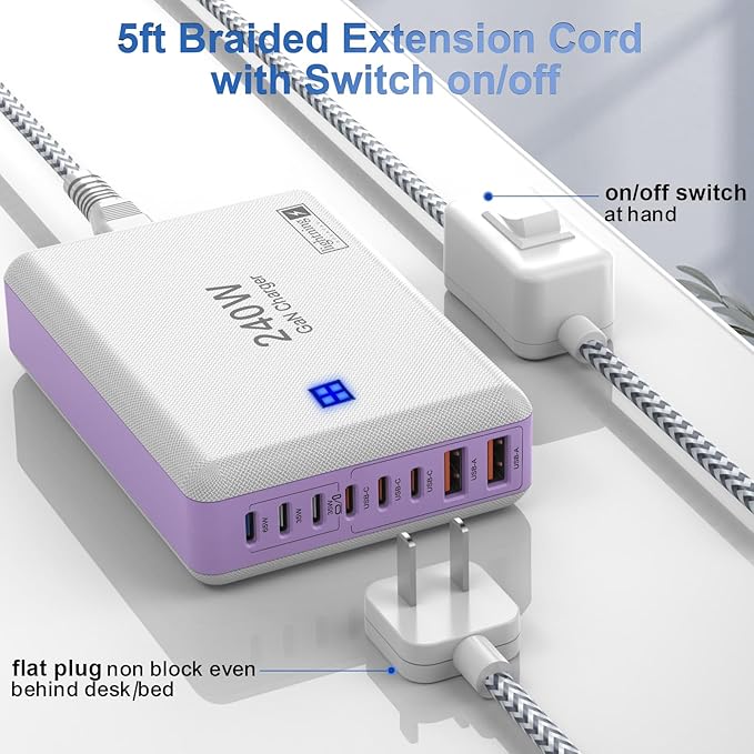 Type C Charger 240W, USB C Charger Block Fast Charging 8 Ports, PD 65W GaN III Laptop Charger Adapter Compatible with MacBook Pro/Air,DELL,Steam Deck,iPhone 15/14/13,Galaxy S23/22, More Gadgets-DeskLoop Office