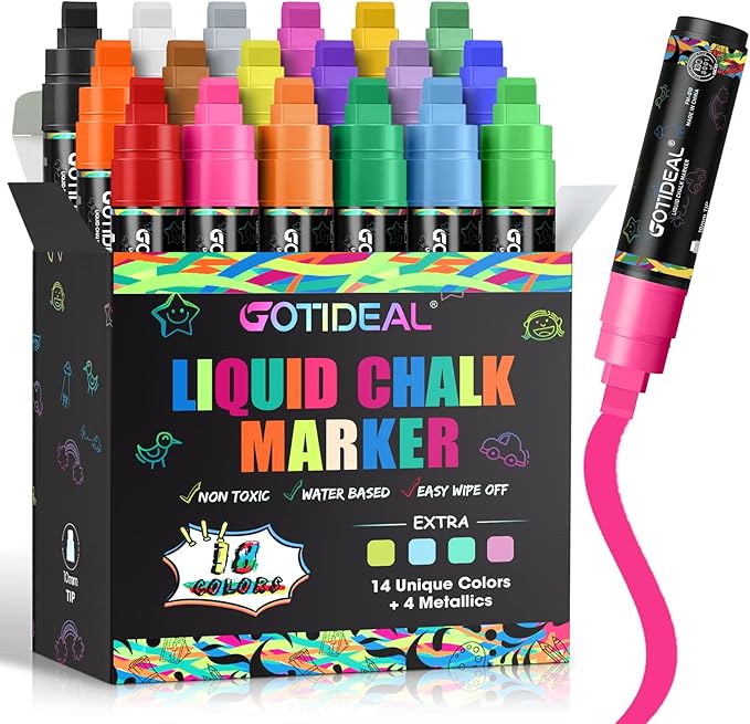 GOTIDEAL Window Markers for Glass Washable,Jumbo Chalk Markers for Blackboard,Car Marker for Auto,Chalkboard,Glass,Mirror,Calendar,School Painting,18 Colors Car Paint Pens with Metallic Colors(10mm)-DeskLoop Office