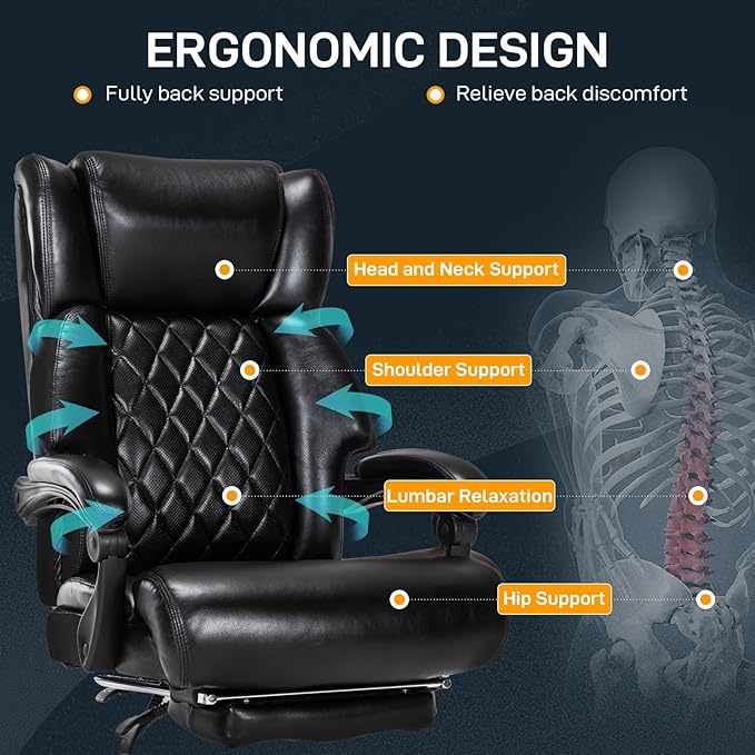 500 LBS Big and Tall Office Chair with Foot Rest High Back Recline Ergonomic Chair for Heavy People, Executive Office Chair Comfortable for Home Office, Large Computer Desk Chair Black-DeskLoop Office