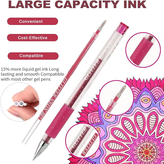 Glitter Gel Pens for Coloring Book,72 Color Gel Pens Set including 36 Color Gel Pen with 36 Refills,40% More Ink Colored Gel Pens for Drawing, Doodling, Scrapbook, Journaling-DeskLoop Office