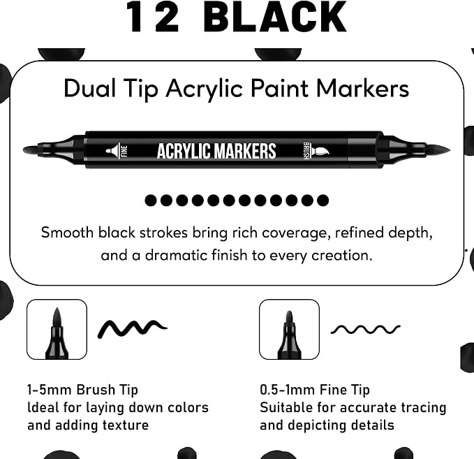 Pagather Black Acrylic Paint Markers, 12 Pack Dual Tip - Image 2