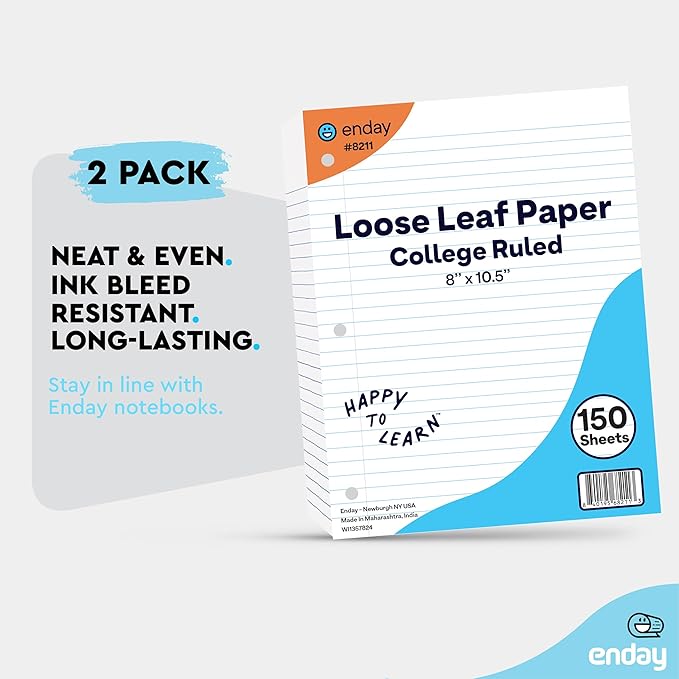 Loose Leaf Paper College Ruled Notebook Paper, 8" x 10.5" Filler Paper White, 3 Hole Punched Binder Paper for 3 Ring Binders, Lined Paper 150 Sheets Per Pack (2 Pack) - By Enday-DeskLoop Office