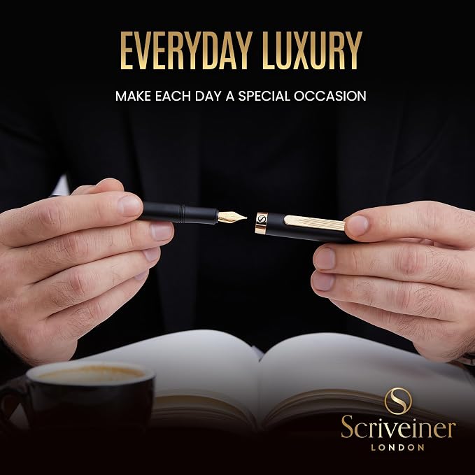 Scriveiner Luxury EDC Fountain Pen, Stunning Luxury Black Pocket Pen, Real Gold - Image 8