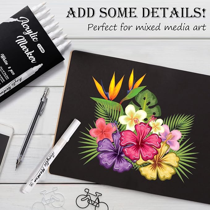 White Markers Pen, 8 Pack Paint Pens, Fine Tip Acrylic White Permanent Markers for Sketching, Drawing, Wood, Rock, Tyres, Plastic, Leather, Glass, DIY Painting-DeskLoop Office