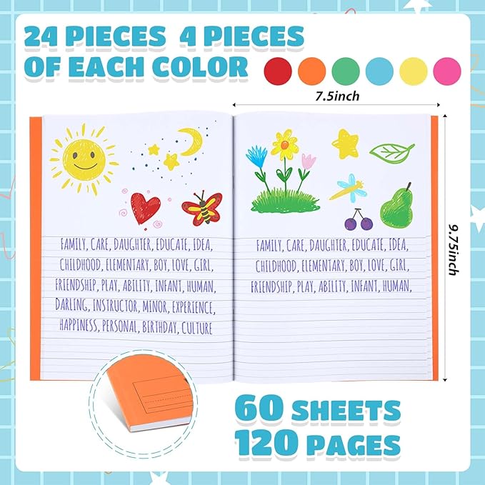 Henoyso 24 Pcs 120 Pages Primary Composition Notebooks K-2 9 3/4 x 7 1/2 Inch Journals Primary Journals Blank Books for Kids to Write Stories Kindergarten (Colorful)-DeskLoop Office