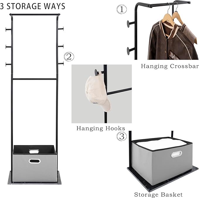 Heavy Duty Coat Rack with Storage Basket Metal Hanging Clothes Rack with Marble Base Modern Standing Clothing Rack for Entryway Bedroom Living Room Hotel 19.69 x 13.39 x 67.72 Inches (Black)-DeskLoop Office