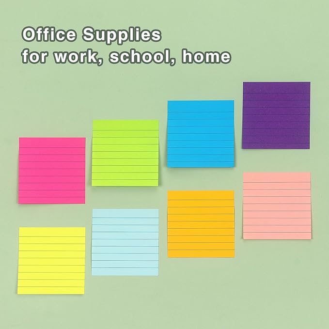 Eastern Wolf 8 Pads Lined Sticky Notes 3x3 Sticky Notes with Lines Self-Stick Note Pads 8 Bright Multi Colors, 85 Sheets/Pad-DeskLoop Office