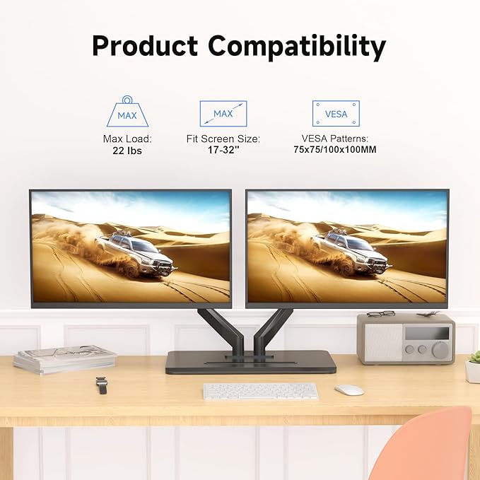 suptek Dual Monitor Mount Gas Spring Monitor Arm Desk Stand with Base,Free Standing Pneumatic Height Adjustable Monitor Stand for 17 to 32 inch,Holds up to 22 lbs,Black(ML8SP)-DeskLoop Office