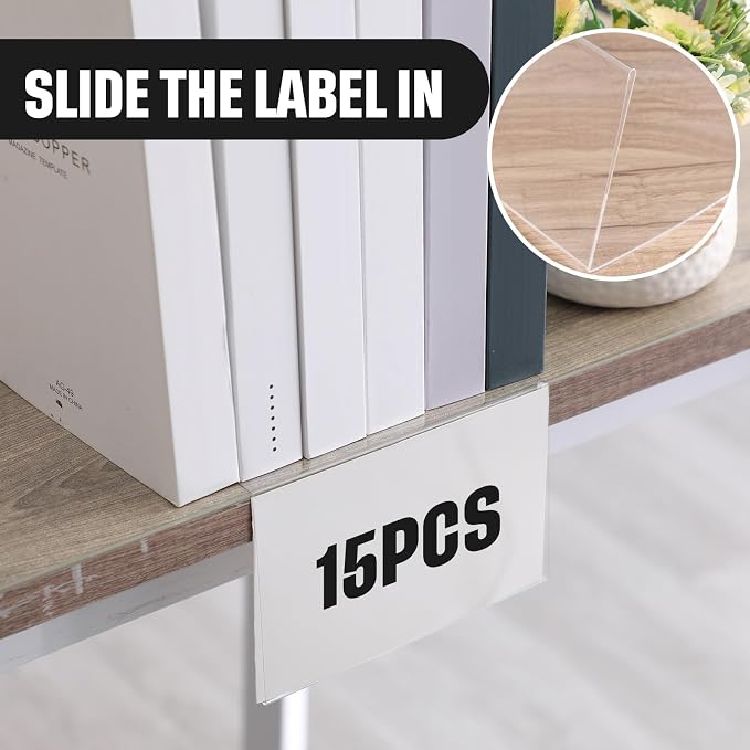 Containlol 15 Pieces Moveable Shelf Label Holders Clear Shelves Tags Moveable - Image 5