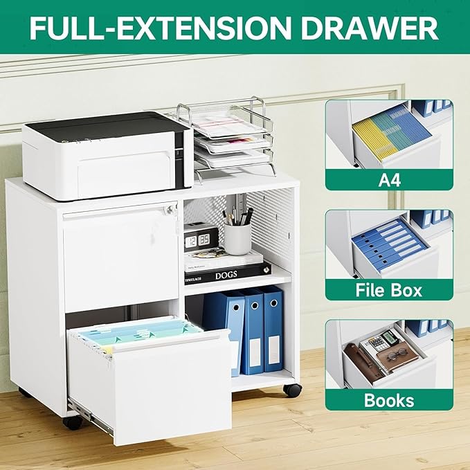 Letaya Mobile File Cabinet, Metal Lateral Rolling Printer Stand Filing Cabinets with Shelves for Home Office-Storage A4/F4/Letter (White)-DeskLoop Office