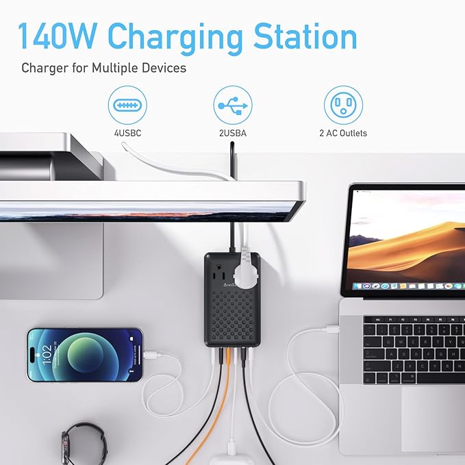 Charging Station 140W USB C Charger Block, Upgraded GaN III 8-in-1 Fast Charging Station Hub，PD 65W Laptop Charger Adapter Compatible with Compatible with MacBook Air/Pro,iPhone16/15,Galaxy S24 etc-DeskLoop Office