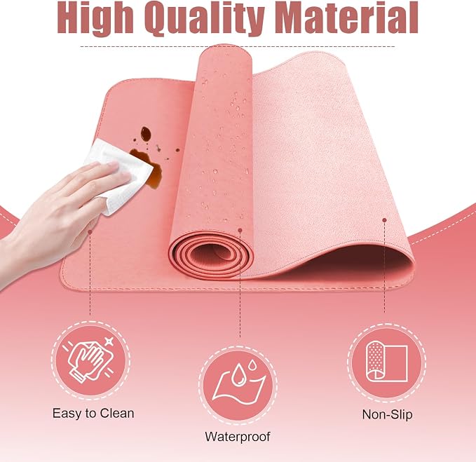 Sweet Pink Leather Desk Pad, 47.2'' x 23.6'', Suede Base Sewing Desk Blotter - Image 3