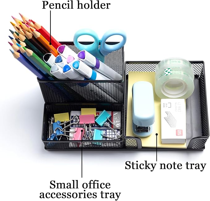 2 Pieces Pen Holder Mesh Metal Pencil Holder Desk Organizers Black for Desk Office with 3 Compartments Pencil Holders,Desktop Storage Caddy Organization,Suitable for School, Home,Black-DeskLoop Office