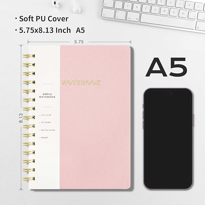 Lined Spiral Notebook College Ruled A5 Journal Book for Note Taking, 160 Pages Writing Journal for Office and Home School Supplies 5.75 x 8.125 inch - Pink-DeskLoop Office