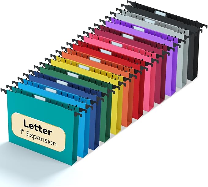 Plastic 1" Expansion Hanging File Folders Letter Size, 12 Pack Reinforced Heavy by NORDUN
