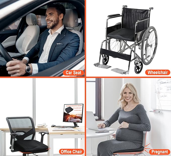 Car Seat Cushion, Comfort Memory Foam Car Cushions for Driving - Sciatica & Lower Back Pain Relief, Driver Seat Pillow for Auto, Office Chair, Wheelchair - Classic Black-DeskLoop Office