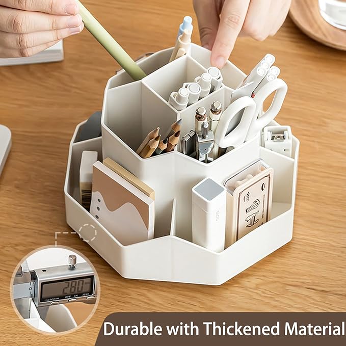 Pencil Pen Holder for Desk, 9 Slots 360 Degree Rotating Desk Organizer, Cute Pen Organizers Stationery Supplies for Office Home & Art Supply (Beige)-DeskLoop Office