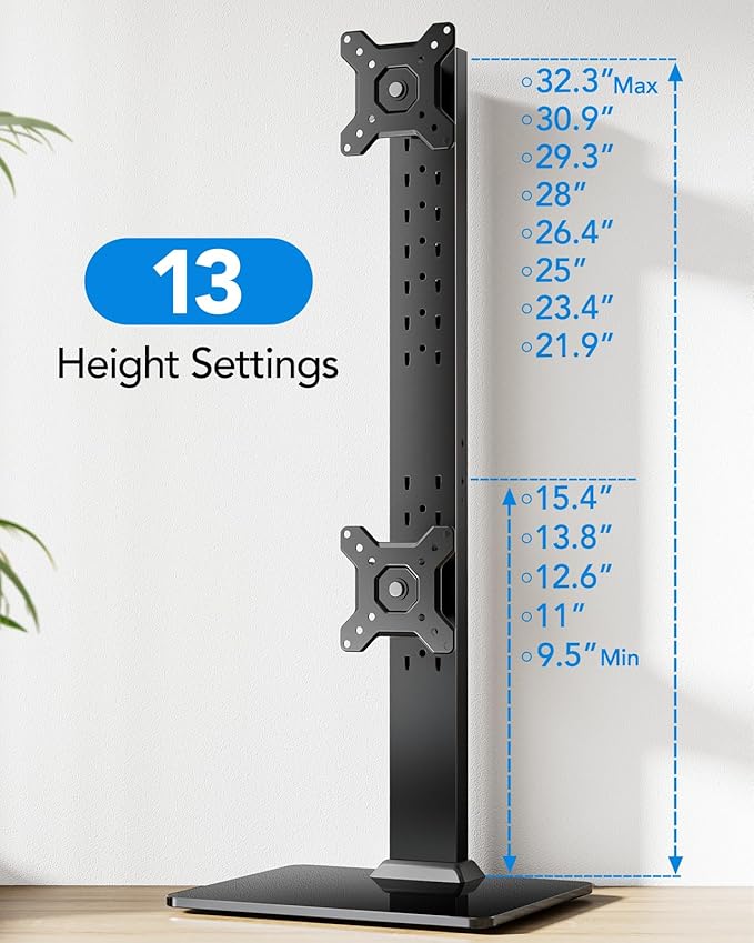 HUANUO Dual Monitor Stand, Vertical Monitor Mount for Two Screens 13 to 34 Inch, Freestanding Monitor Riser with Swivel, Tilt, Rotation and 13 Height Settings, Max Load 44 lbs, Max VESA 100x100-DeskLoop Office