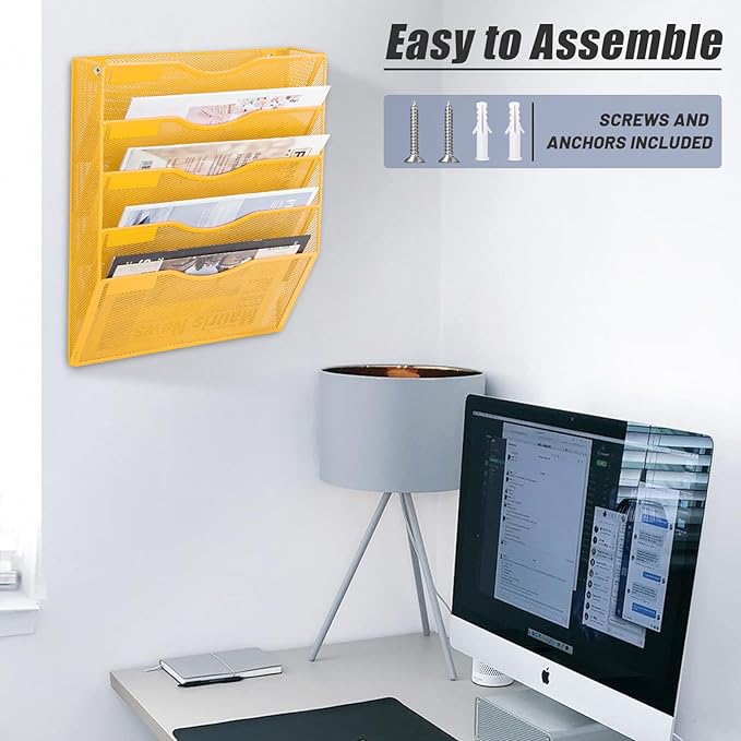 EASEPRES 5 Pocket Mesh Hanging Wall File Organizer, Wall Mounted Mail Paper Document Folder Holder, Clipboard Storage Organization Magazine Rack with Nametag Label for Office Home School, Yellow-DeskLoop Office