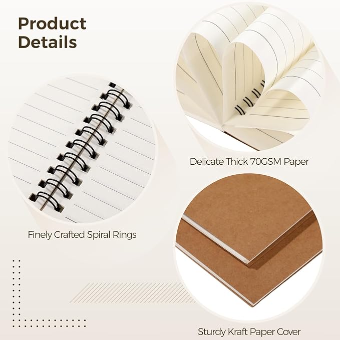 Lnrueg 48 Pcs A5 Spiral Notebooks - Brown Kraft Paper Cover Notebooks, Hardcover Lined Notebooks, Sturdy Travel Journals with Smooth 70GSM Paper for School, Office, Travel, 100 Pages-DeskLoop Office