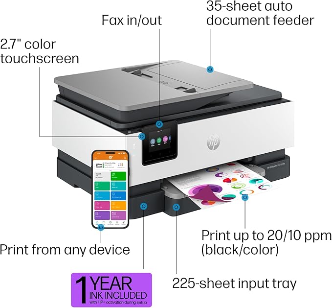 HP OfficeJet Pro 8139e Wireless All-in-One Color Inkjet Printer, Print, scan, Copy, fax, ADF, Duplex Printing Best-for-Home Office, 1 Year Instant Ink Trial Included-DeskLoop Office