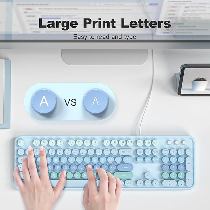 Large Print Wired USB Keyboard, 104 Keys Full Size Typewriter Keyboards, Plug and Play Office Computer Keyboard with Number Pad for Windows, PC, Laptop, Desktop (Blue Colorful)-DeskLoop Office