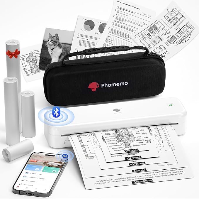 Phomemo Portable Printers Wireless for Travel [Upgraded],M834 Bluetooth Thermal Printer 8.5" x 11"& A4 Size,Inkless Mobile Printer with Carry Case for Travel,Office,School,Car,Home,White-DeskLoop Office