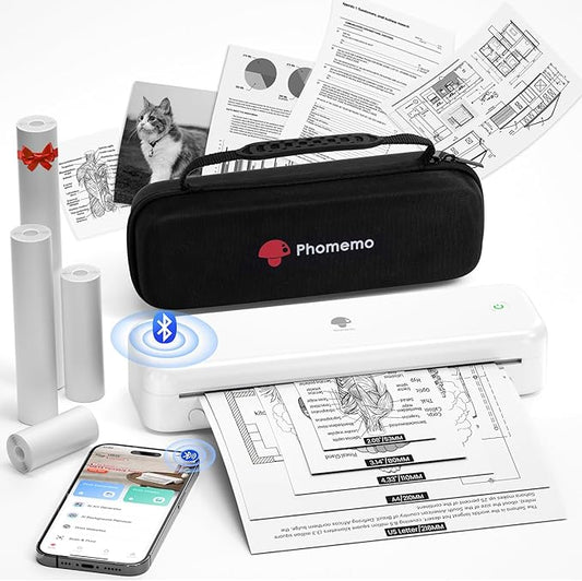 Phomemo Portable Printers Wireless for Travel [Upgraded],M834 Bluetooth Thermal Printer 8.5" x 11"& A4 Size,Inkless Mobile Printer with Carry Case for Travel,Office,School,Car,Home,White-DeskLoop Office