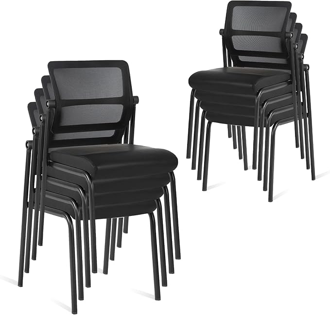 CLATINA Stackable Waiting Room Chair with Adjustable Mesh Backrest, Armless Office Guest Reception Chairs with Leather Cushion and Ergonomic Lumbar Support for Conference Lobby Side School, Black, 8PK-DeskLoop Office